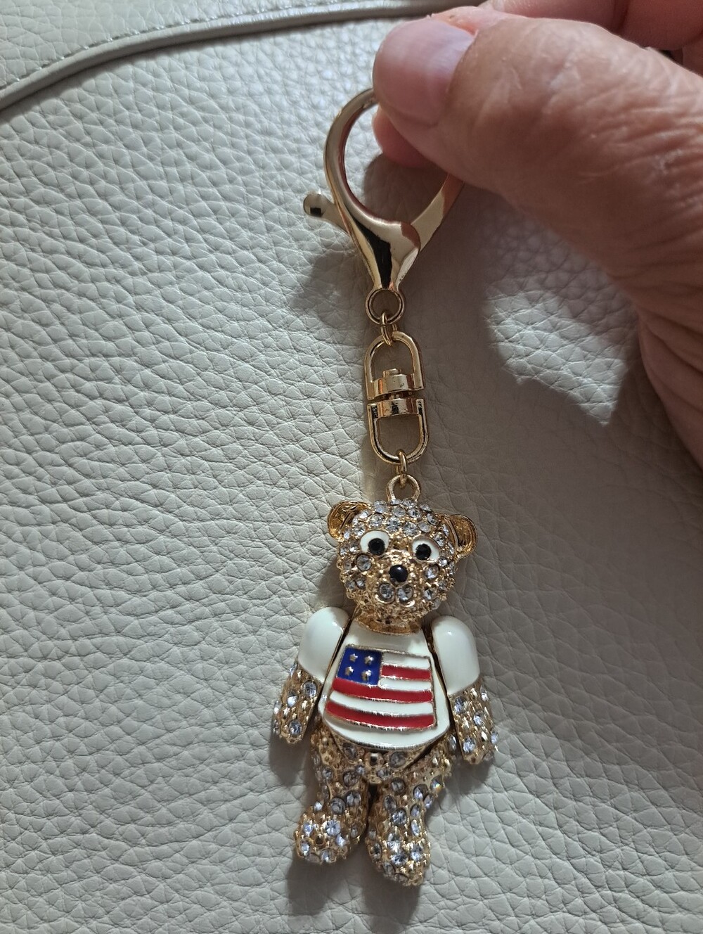 Gold Crystal Teddy Bear Keychain with American Flag NWOT